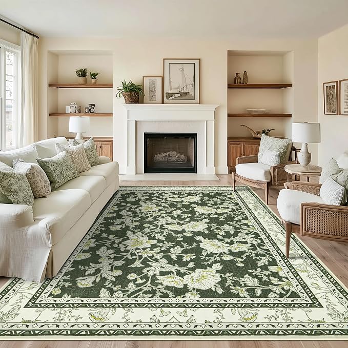Olive Green Floral 5x7 Area Rug Vintage Boho Washable Printed Rug for Living Room Non-Slip Soft Bedroom Cottagecore Farmhouse Carpet for Dining Room Nursery Dark Green and Cream Beige Sketch Style
