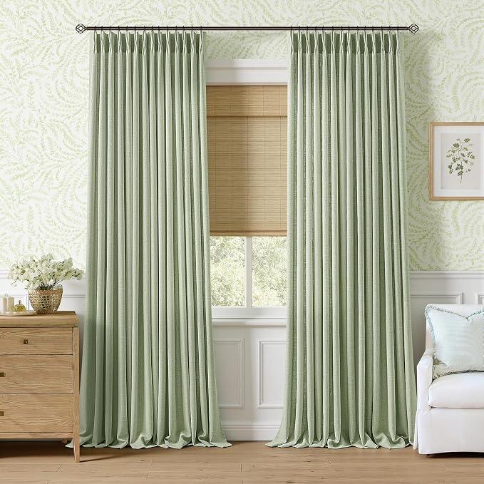 Sage Green 90 Inches Pinch Pleat Curtains 2 Panels Set Semi Sheer Memory Trained Shaped Linen Textured Pleated Drapes for Track System Farmhouse Aesthetic Curtains for Bedroom Living Room 90 Inch Long