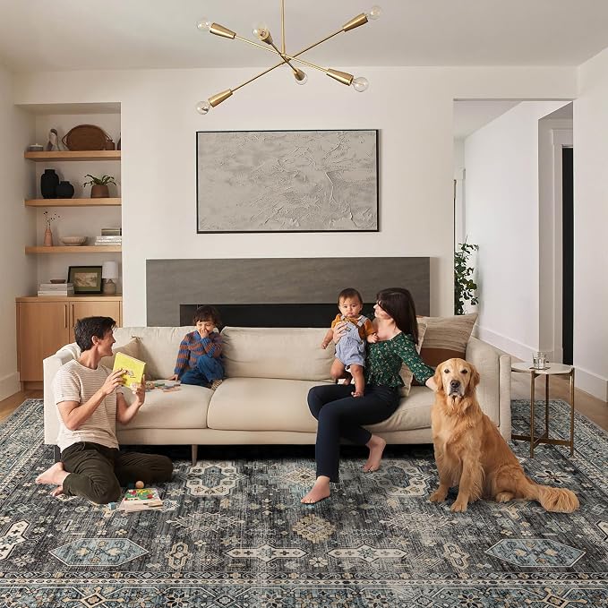 Ruaruarug Washable Area Rug 8x10 for Living Room Bedroom, Ultra Soft Non Slip Stain & Fade Resistant, Pet & Kids Friendly, Suitable for High Traffic Areas Easy to Clean for Office Kitchen, Silver