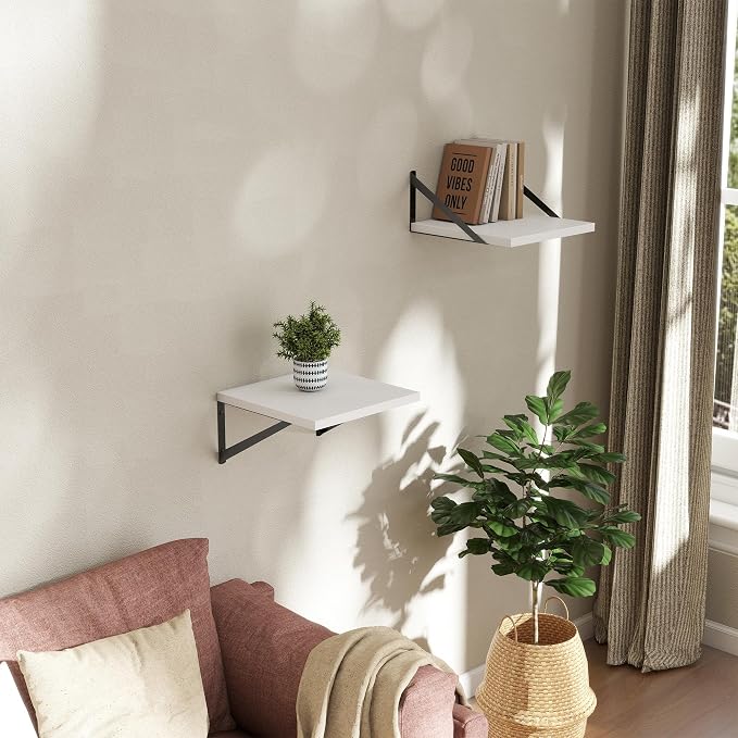 Acovy Deep Floating Shelves Wall Mounted, 12"x12" White Wall Shelves with Brackets Set of 2 for Bedroom, Living Room, Bathroom, Kitchen, Office - Storage & Display Shelf for Decor, Books, Plants