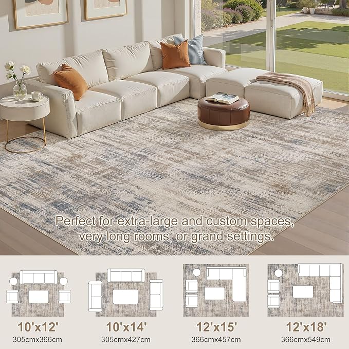 UERMEI 10x14 Washable Area Rug for Living Room: Modern Neutral Abstract Large Soft Low Pile Carpet Non-Slip Pet Kids Friendly Indoor Decor for Bedroom Dining Room Home Office Nursery Brown