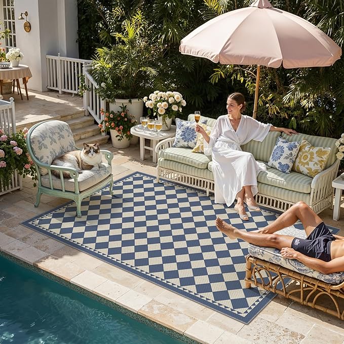 HUGEAR 6'x9' Outdoor Rug Blue Patio Checkered Waterproof Linen-Look Outside Floor Mat Carpet Area Rug for Deck Porch Balcony Backyard Camping RV Picnic Beach Home Decor