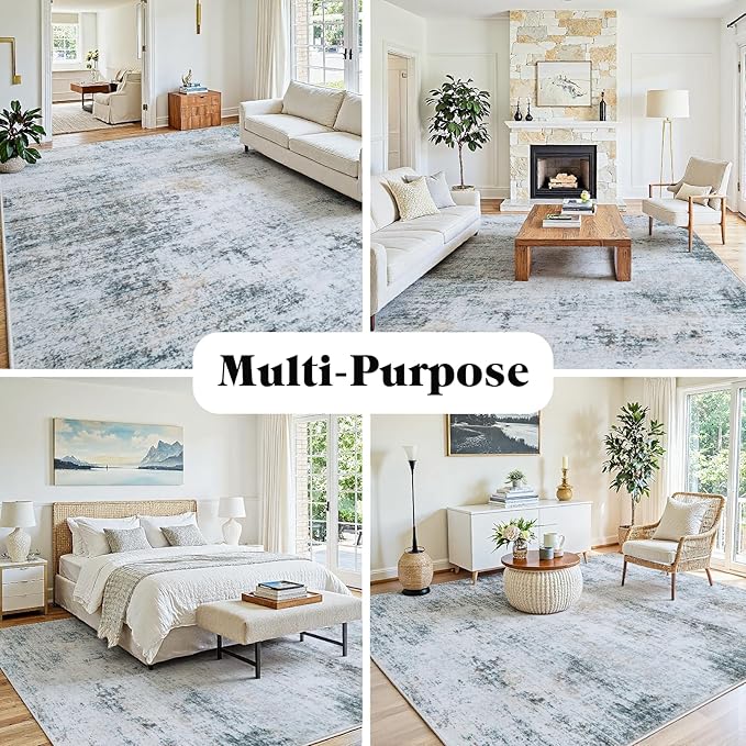 5x7 Area Rugs Washable Rug:Anti-Skid Abstract Modern Living Room Rug Soft Thin Carpets Indoor Floor Non-Shedding Carpet for Bedroom Dining Farmhouse Nursery Home Office(Blue/Grey/Gold/White, 5x7)
