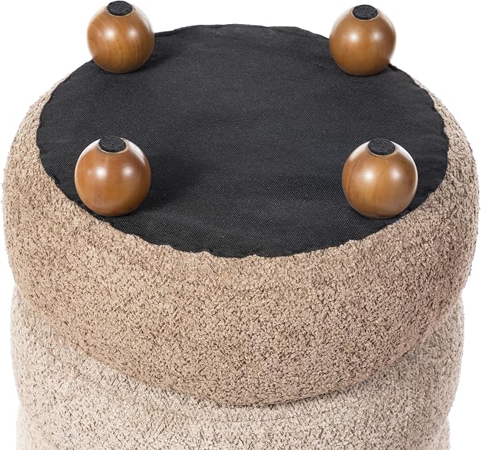 Glitzhome Round Ottoman with Storage, Small Foot Stool, Modern Accent Stool Upholstered Vanity Stool with Rubberwood Ball Feet for Bedroom Living Room Dorm Room, Gradient Brown