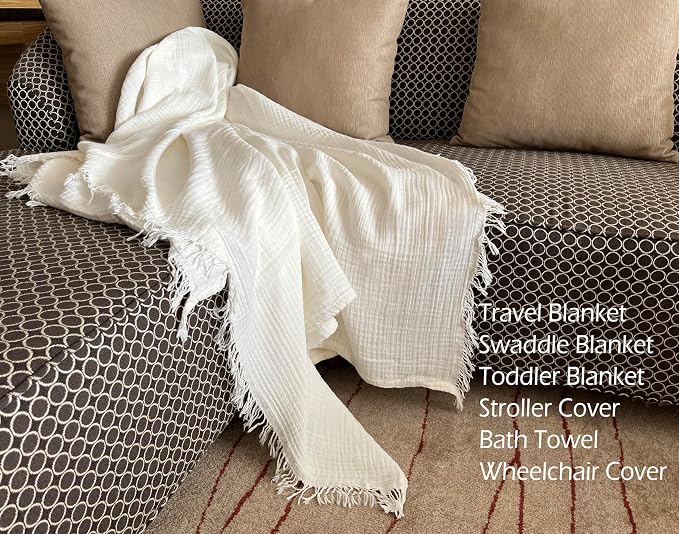 KyraHome 100% Cotton Muslin Blankets for Adults, Couch, 50"x60", Pre-Washed Plant Dyed, Breathable Lightweight Gauze Summer Throw Blanket, All Season (White)