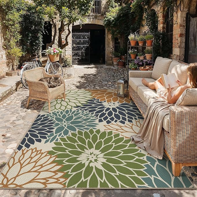 HUGEAR 6'x9' Floral Outdoor Rug Linen-Look Waterproof Colorful Floor Mat Home Decor for Camping RV Outside Area Rug Patio Deck Porch Balcony Backyard Picnic Beach Carpet