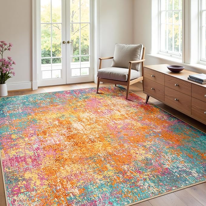 RELEANY Washable Area Rugs 4'x6' Non-Slip Modern Abstract Soft for Living Room Entryway Bedroom Nursery, Print Pattern, Orange Blue Pink Yellow Colorful