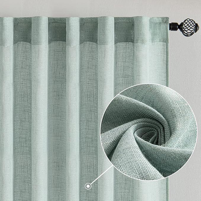 MIULEE Sea Green Linen Curtains 108 Inches Long for Bedroom Living Room, Soft Thick Linen Textured Window Drapes Semi Sheer Light Filtering Back Tab Rod Pocket Burlap Look Aqua Decor, 2 Panels