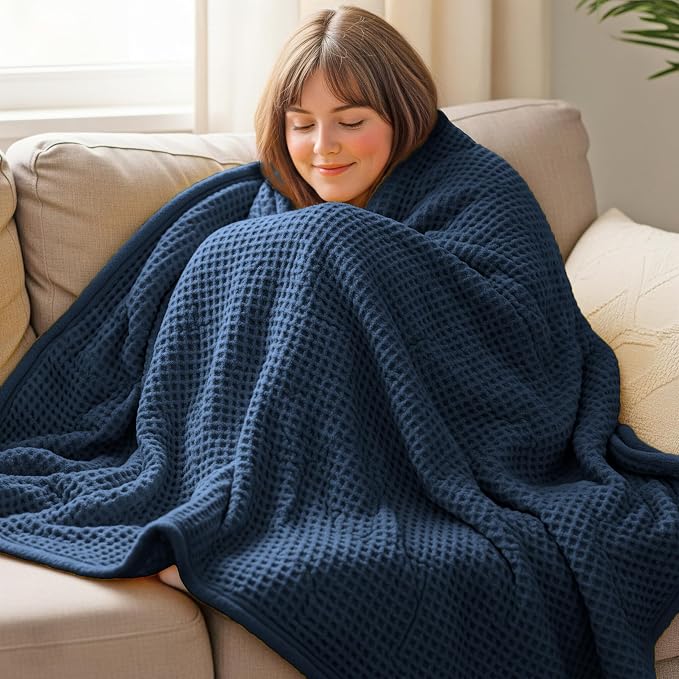 THREAD SPREAD 100% Cotton Waffle Blanket King Size - Soft Lightweight Breathable Waffle Weave King Size Blanket for All Season, Textured Throw Blankets for Bed, Sofa, Hotel, Hospital - Navy Blue