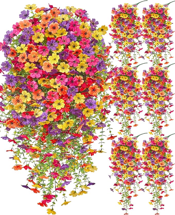 Serwalin 6PCS Artificial Hanging Flowers for Outdoors, UV Resistant Fake Hanging Plants, Realistic Weatherproof Outdoor Decor for Patio, Porch, Garden & Window (Yellow, Hot Pink, Purple &Orange,6PCS)