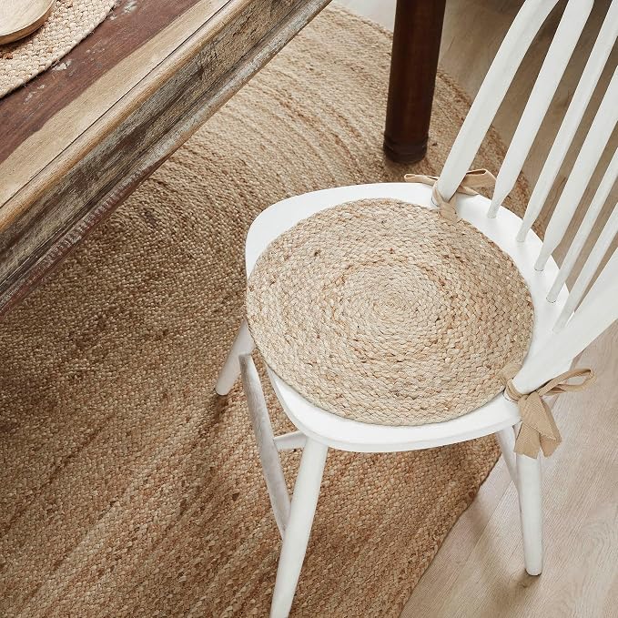 VHC Brands Jute Chair Pad, Dining Room and Kitchen Seat Cushion with Ties, Natural Collection, Round 15x15, Set of 2