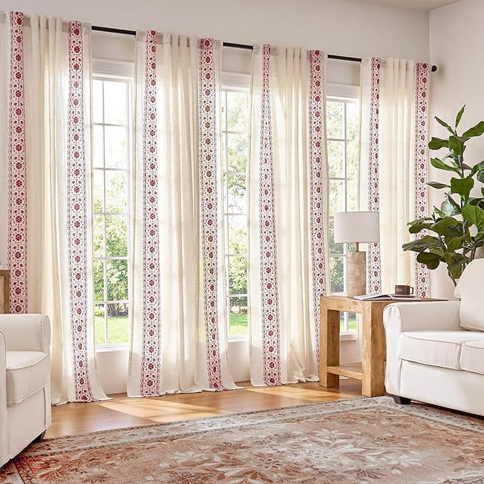 jinchan Boho Curtains for Bedroom Red Vintage Floral Farmhouse Curtains 84 Inches Long Linen Blend Drapes for Living Room Embroidered Light Filtering Drapes Rod Pocket Red on Beige 2 Panels