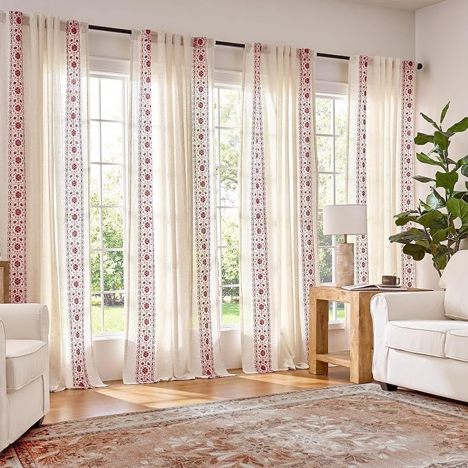 jinchan Boho Curtains for Bedroom Red Vintage Floral Farmhouse Curtains 63 Inch Linen Blend Drapes for Living Room Embroidered Light Filtering Drapes Rod Pocket Red on Beige 2 Panels