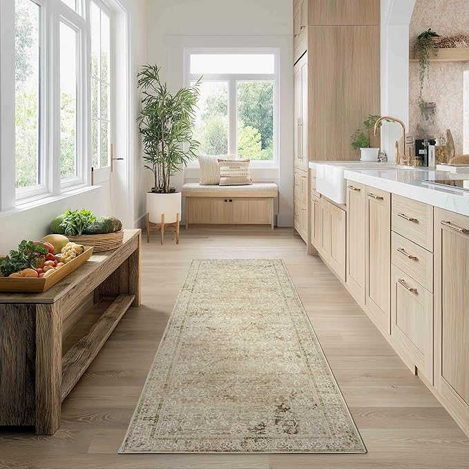 Neutral Farmhouse Hallway Rug Runner 2x6 Washable Non Slip Rubber Backing Vintage Modern Boho Runners Rugs for Entryway Indoor Kitchen Bathroom,Tan Brown and Cream Beige