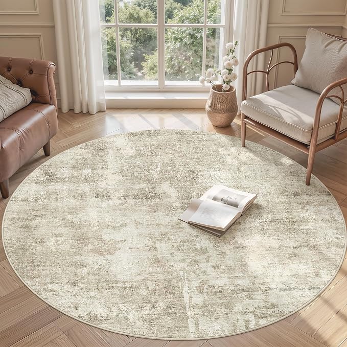 Soalmost 5x5 Beige Gray Round Rug 5ft Living Room Circle Rug Vintage Round Area Rug Non Slip Indoor Carpet for Entryway Dining Room Bedroom
