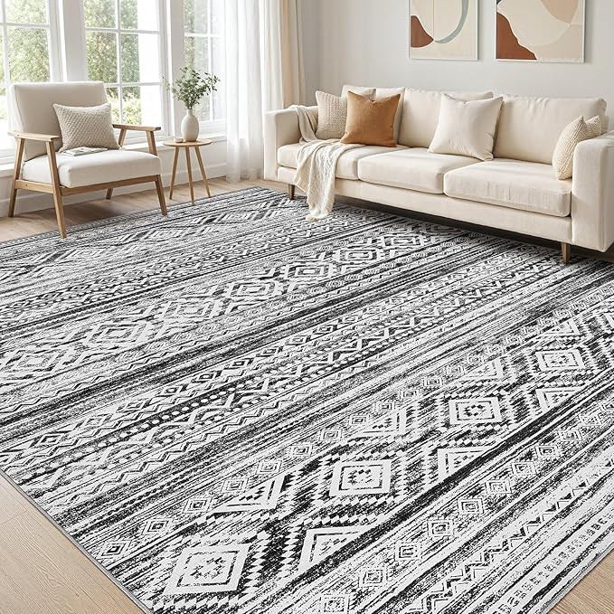 cotiled 8x10 Area Rug Living Room: Washable Boho Rugs with Non Slip Backing Large Soft Indoor Stain Resistant Carpet for Bedroom Farmhouse Dining Room Lightweight Home Decor White/Black