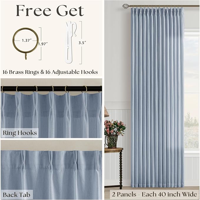 Pinch Pleated Linen Dusty Blue Curtains 120 Inches Long for Living Dining Room Coastal Hooks Rings Back Tab Pinch Pleat Drapes Extra Long Light Filtering Semi Sheer 120 Inch Curtains for Bedroom 10FT
