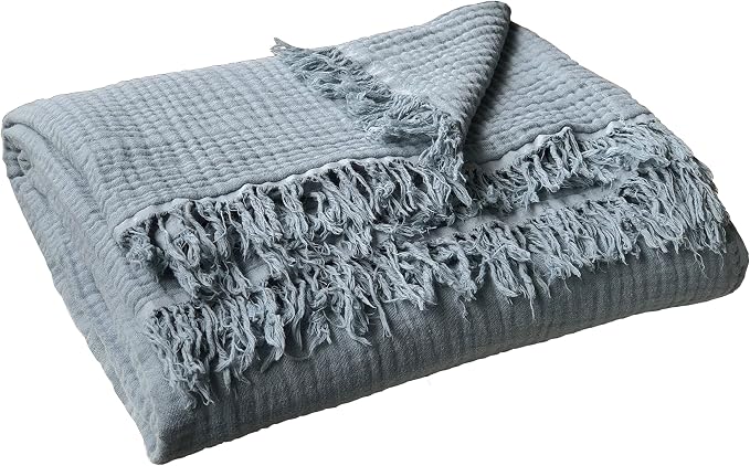KyraHome 100% Cotton Throw Blankets for Couch, 60"x80" Pre-Washed Plant-Dyed Breathable Lightweight Gauze Soft Muslin Summer Throw Blankets, All Season (Slate Blue)
