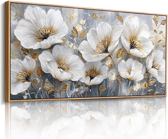 imjiayu Large Wall Decor, Flower Wall Art, Framed Wall Art, Botanical Floral Luxury Paintings, White Gold Modern Wall Decor for Living Room Bedroom Dining Room Hallway Office Picture Prints 24"x48"