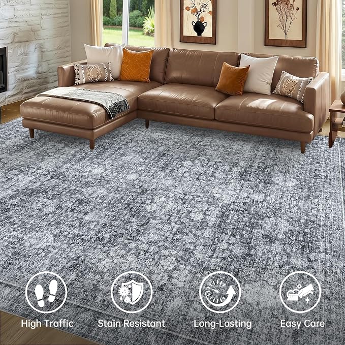 Sasttie 5x7 Area Rugs, Ultra-Soft Washable Rug, Low Pile Foldable Thin Carpets with Non-Slip Backing, Skin-Friendly Stain Resistant Carpet for Living Room, Bedroom, Kitchen, Dorm, 5x7, Black Grey