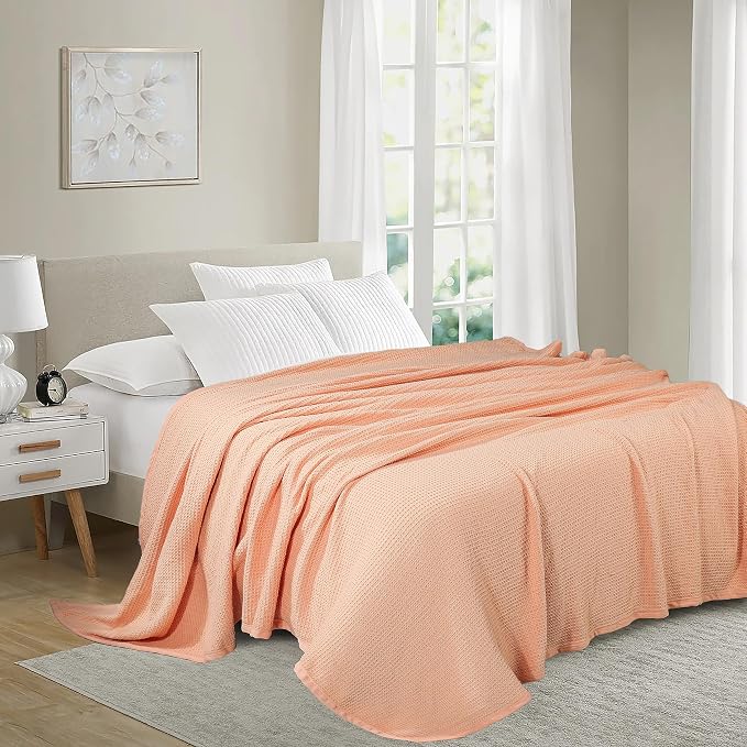 TreeWool Premium 100% Cotton Waffle Queen Blanket (90"x90", Peach) | Breathable Lightweight Moisture Wicking Soft Knit Thermal Blanket for Summer, Bed or Sofa All-season Comfort Machine Washable