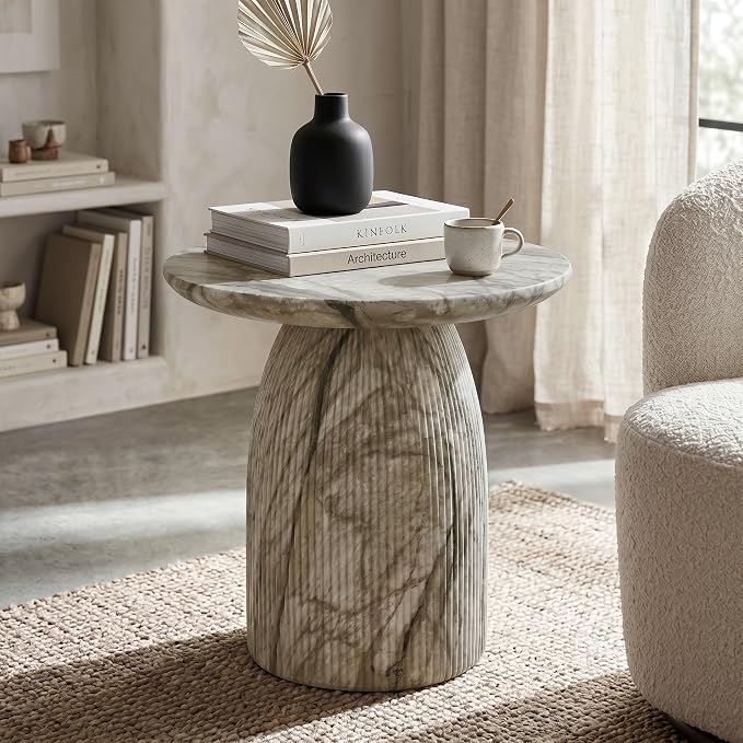 24/7 Shop at Home Ranera Modern 17-inch Natural Stone Side Table with Round Pedestal Base, Marble Nightstand, Fluted Patio End Table, for Living Room, Covered Outdoor Spaces, Ivory Gray Marble