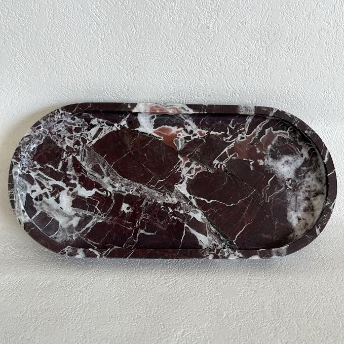 Natural Marble Oval Tray Ornaments Vintage Small Tray Storage Dish for Counter, Vanity, Dresser, Nightstand and Desk (Rosa Levanto)