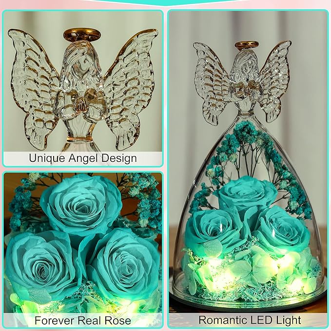 Mothers Day Rose Gifts for Women Preserved Real Flower in Glass Angel Figurines Roses for Delivery Prime Birthday Gifts for Mom Grandma Girlfriend Wife Her - Tify Blue