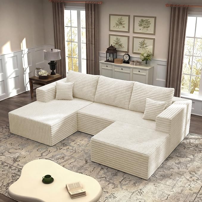 27.56'' Plush Fluffy Corduroy Poofy Ottoman in a Box for Boneless Sofa Couch, Modern Compressed Foot Rest, Small Comfy Rectangle Boneless Pouf Footstool Ottoman for Living Room, Bedroom, Beige