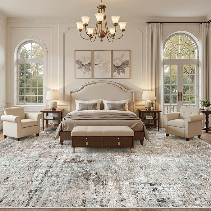 Soalmost 10x14 Area Rugs for Living Room, Non Slip Machine Washable Vintage Rugs, Low Pile Lightweight Large Rug for Bedroom, Dining Room, Home Office Pink/Grey
