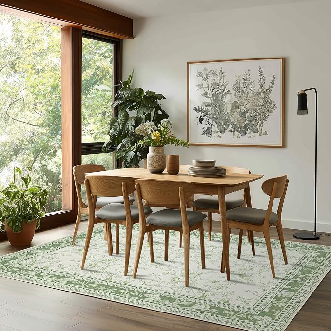 Green Area Rugs 6x9 Living Room Washable Boho Vintage Sketch Floral Sage Cream Beige Rugs for Bedroom Non Slip Soft Carpet for Dining Room Kids Girls Nursery, Lounge Peony Lily Pattern Floral Rug