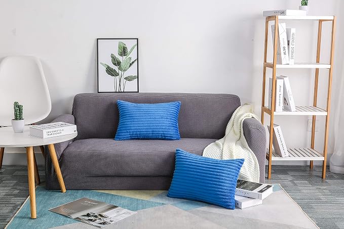 TangDepot Velvet Big Corduroy Pillow Covers 12x24 Blue 2-Pack | Soft wide-stripe corduroy pillow cover, hidden zipper, machine washable, easy refresh, for bedroom living room indoor outdoor