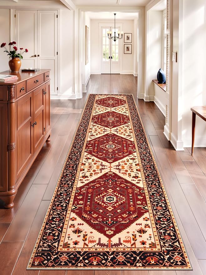 SERISSA Runner Rug for Hallways, 2'6"x12' Washable Non Slip Kitchen Runner Rug, Extra Long Boho Rug Ultra Soft Vintage Red Black Print Floor Carpet for Bedroom Hallway Entryway Bathroom Laundry Room