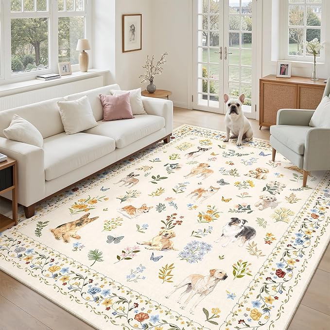 Soalmost Dog 6x9 Area Rugs for Living Room, Machine Washable Animal Floral Vintage Rug Non-Slip Low Pile Soft Throw Rugs for Bedroom Dining Room Kitchen Nursery Playroom (6 x 9,Beige)