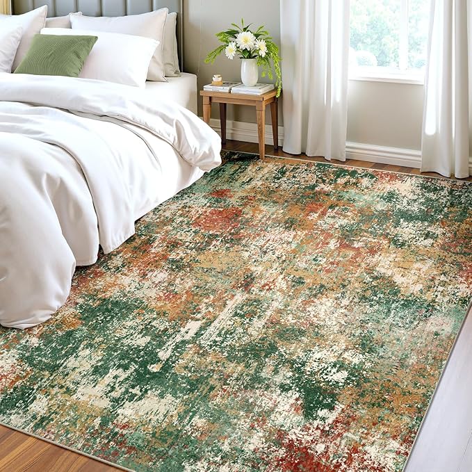 RELEANY Washable Area Rugs 6'x8' Non-Slip Modern Abstract Soft for Living Room Entryway Bedroom Nursery, Print Pattern, Green Orange Rust Red Cream Colorful