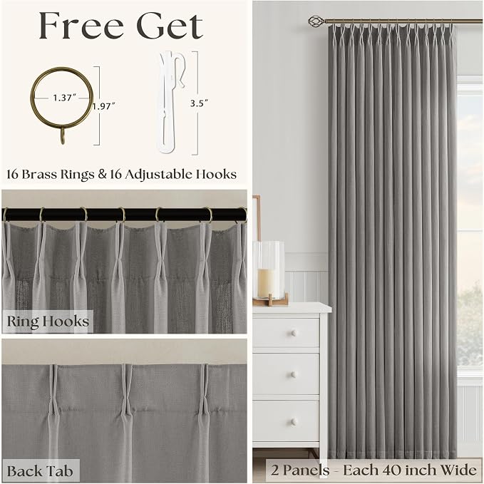 Gray Linen Curtains 102 Inches Long for Living Room Pinch Pleated Draps with Hooks Rings for Traverse Rods Back Tab Semi Sheer Modern Farmhouse Neutral 102 Inch Pleat Curtain Light Grey 40x102