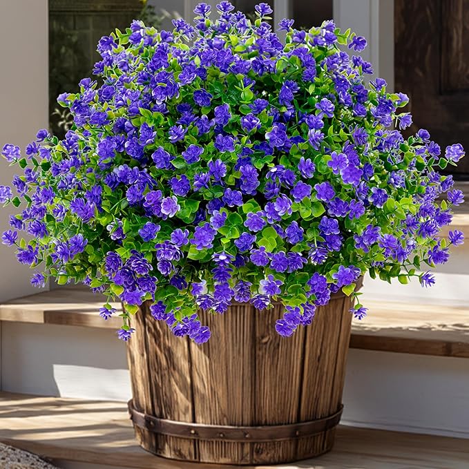 AXYLEX Artificial Flowers for Outdoors Fake Plants - 12 Bundles Faux Outside Greenery Boxwood No Fade Plastic Shrubs Fall Decor Farmhouse Home Garden (Purple)
