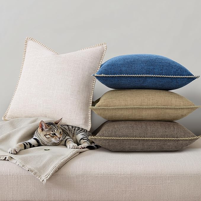 decorUhome Summer Decorative Throw Pillow Covers 24x24 Set of 2 Square Faux Linen Outdoor Neutral Farmhouse Euro Sham Pillow Covers with Stitched Edge for Couch Sofa Living Room, Dark Blue