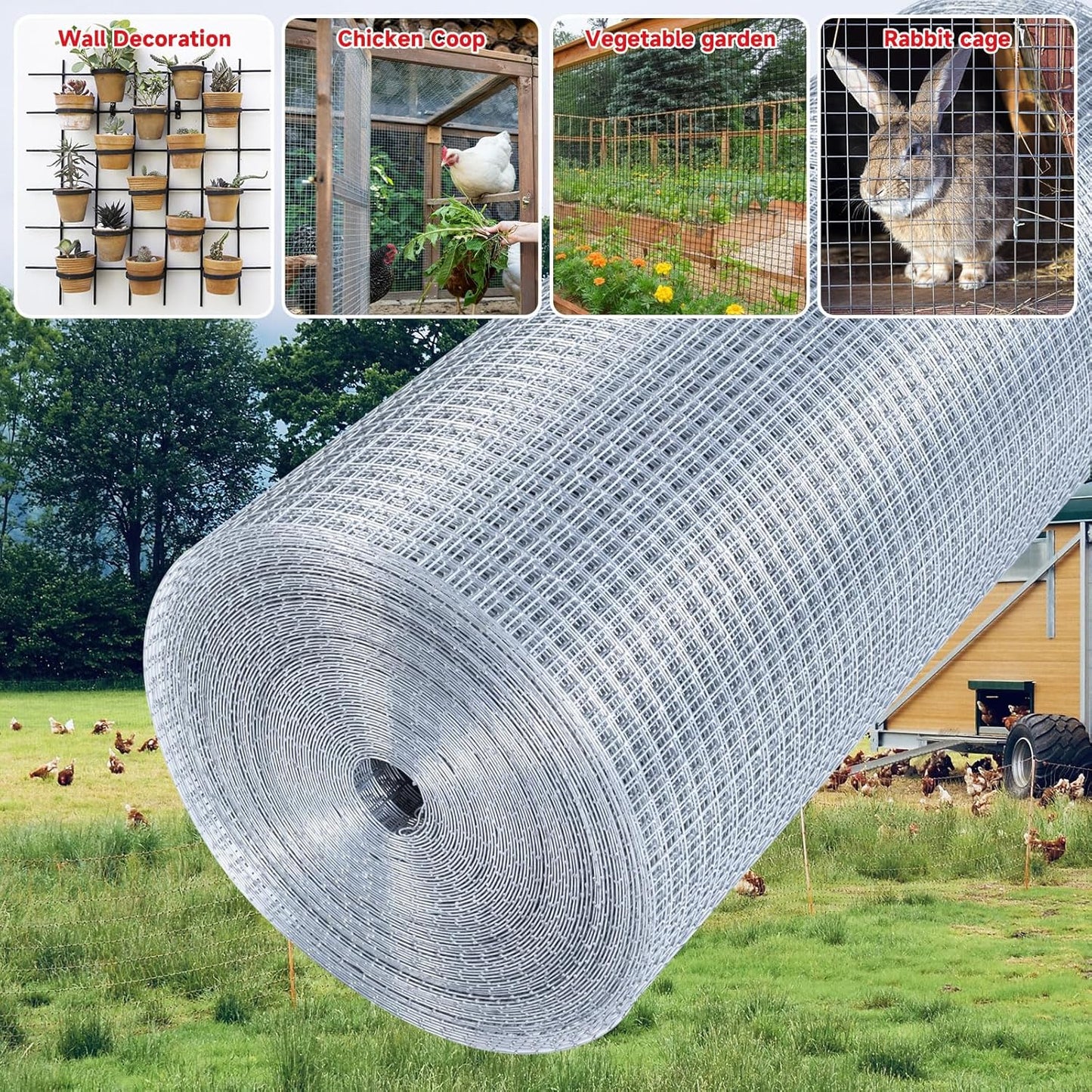 Hardware Cloth,1/4inch 24inx50ft 23 Gauge,Double-Layer Hot-Dip Galvanizing After Welding,Chicken Wire Fence Wire Mesh Fence Poultry Netting Garden Fence Tree Guard Rolls