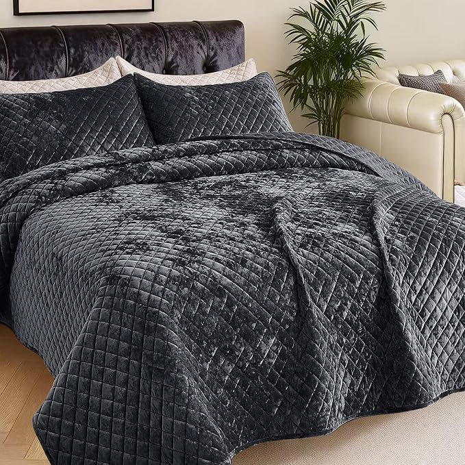 Velvet California King Quilt Size Set 106x118 Luxury Soft Bedspread Coverlet 3-Piece King Comforter Sets with 2 Pillow Shams 20x36 Super Cozy for All Seasons Velvet Bedding Set, Blue Gray