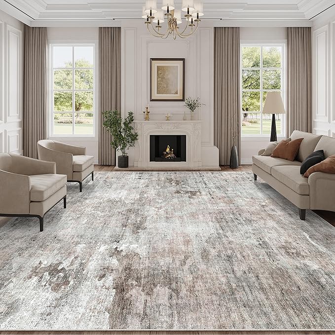 Soalmost Abstract Rug 8x10 Large Living Room Rugs Neutral Modern Washable Area Rugs for Bedroom Dining Room Non-Slip Stain Resistant Foldable Thin Rug Grey Pink
