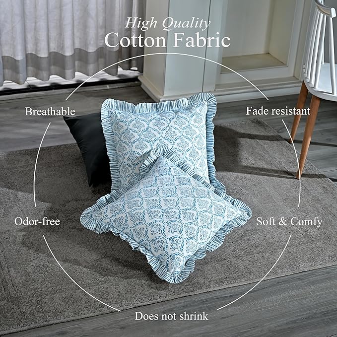 CPC Indigo Regal Hand Block Print 100% Cotton Ruffle Throw Pillow Cover 20x20 inch with Hidden Zipper Decorative for Couch, Bed, Sofa, Farmhouse, Cottagecore Decor Gift Christmas Fall Thanksgiving