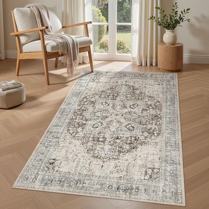Tortania Area Rug Living Room Rugs - 3x5 Washable Boho Rug Vintage Oriental Distressed Farmhouse Small Thin Indoor Carpet for Living Room Bedroom Under Dining Table Home Office - Brown Blue