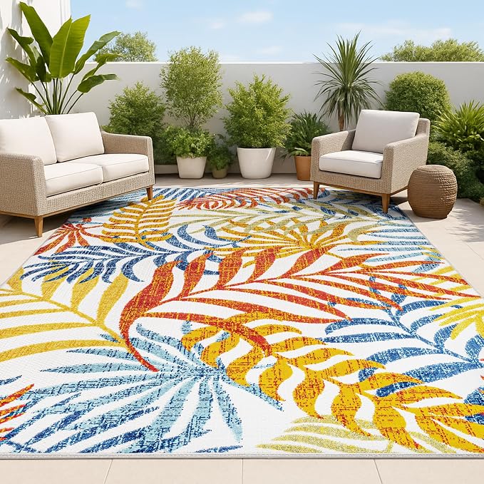 JONATHAN Y Tropics Palm Leaves Indoor Outdoor Area Rug 8X10 Cream/Orange | Ships Rolled, Durable Flat Weave, Lays Flat for Backyard, Patio, Porch, Easy-Cleaning, High Traffic,Pet-Friendly,Non-Shedding