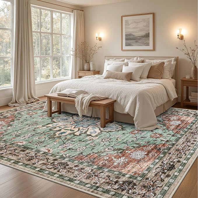 Area Rugs 10x12 Living Room Rug: Washable Rug Soft Vintage Distressed Floral Carpet Indoor Non-Slip Stain Resistant Large Carpets for Bedroom Dining Room Farmhouse Nursery Home Office Brown Green