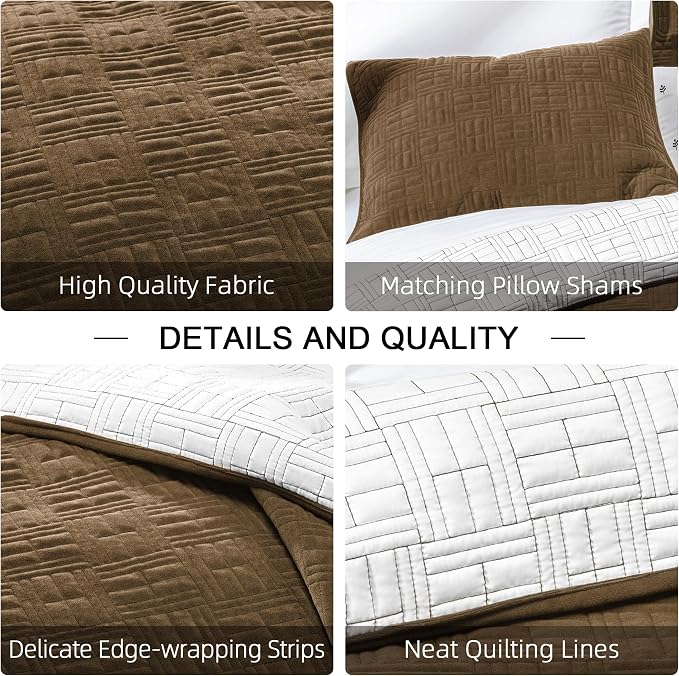 ELEGANT LIFE HOME Luxury Velvet Corduroy Geometric Stitching Bedding Quilt Set with Matching Shams, King/California King (106 in x 92 in /1+20 in x 36 in /2), 3 Piece, Brown