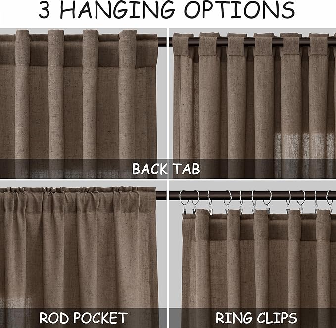 Light Brown Linen Curtains 63 Inches Long for Bedroom Back Tab Light Filtering Privacy Sheer Curtains Modern Farmhouse Coastal Decor Light Brown Cotton Textured Gauze Curtain for Bathroom 2 Panel Set