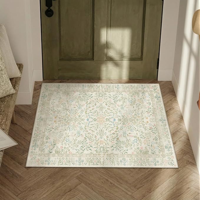 PureCozy 2x3 Light Green Area Rug for Entryway Washable Vintage Floral Carpet Low Pile Non Slip Botanical Aesthetic Small Soft Accent Throw Rug Entrance Kitchen Bedroom Nursery Office Indoor