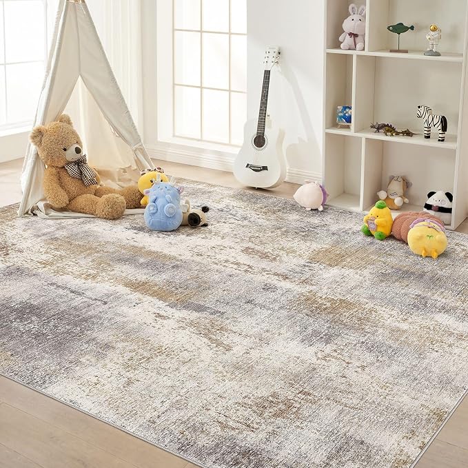 DMOYEST Area Rug Living Room Rugs - 5x7 Washable Soft Indoor Neutral Modern Abstract Low Pile Rug Carpet for Bedroom Dining Room Farmhouse Home Office - Brown Grey