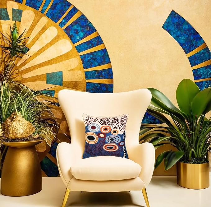 Klimt Blue Decorative Pillow Cover Contemporary Chair Cushion | Modern Blue Sofa Pillowcase | Modern Outdoor Pillows | Mid Century Chair Cushions | Hand Embroidered | Wool Size 18x18